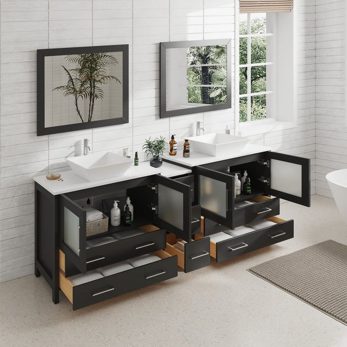 Ravenna 84" Double Sink Bathroom Vanity Combo Set, 7-Drawers, 2 Shelve, 3 Cabinet White Engineered Marble Top and Ceramic Vessel Sink Bathroom Cabinet with Free Mirrors - HomeBeyond