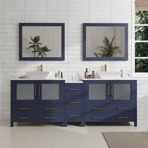 Ravenna 84" Double Sink Bathroom Vanity Combo Set, 7-Drawers, 2 Shelve, 3 Cabinet White Engineered Marble Top and Ceramic Vessel Sink Bathroom Cabinet with Free Mirrors - HomeBeyond