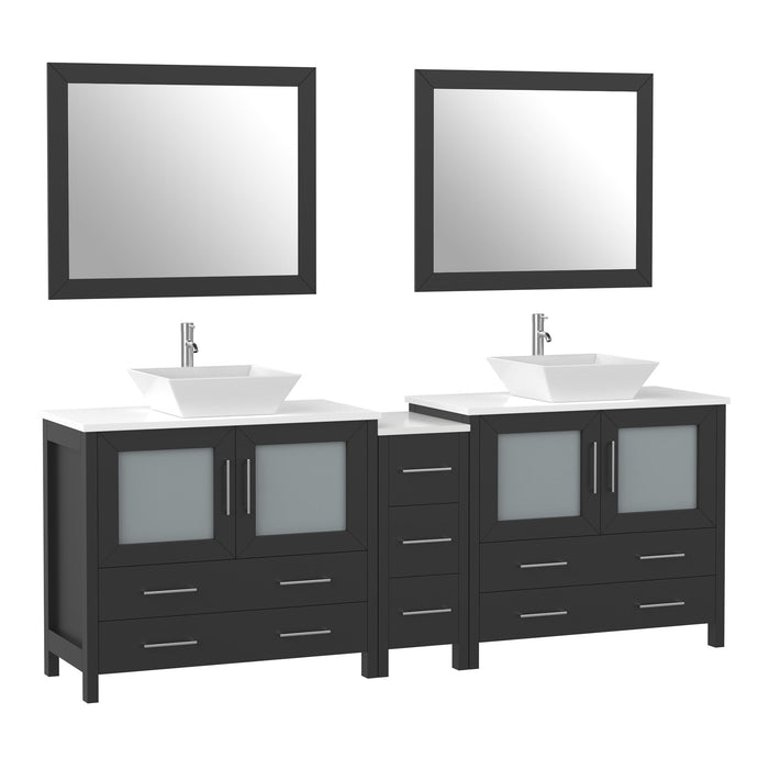 Ravenna 84" Double Sink Bathroom Vanity Combo Set, 7-Drawers, 2 Shelve, 3 Cabinet White Engineered Marble Top and Ceramic Vessel Sink Bathroom Cabinet with Free Mirrors - HomeBeyond