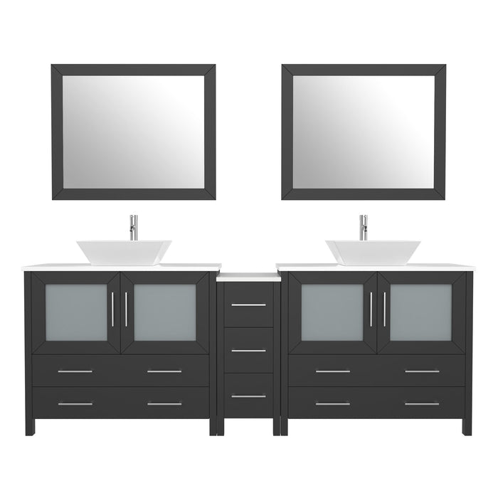 Ravenna 84" Double Sink Bathroom Vanity Combo Set, 7-Drawers, 2 Shelve, 3 Cabinet White Engineered Marble Top and Ceramic Vessel Sink Bathroom Cabinet with Free Mirrors - HomeBeyond