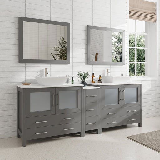 Ravenna 84" Double Sink Bathroom Vanity Combo Set, 7-Drawers, 2 Shelve, 3 Cabinet White Engineered Marble Top and Ceramic Vessel Sink Bathroom Cabinet with Free Mirrors - HomeBeyond