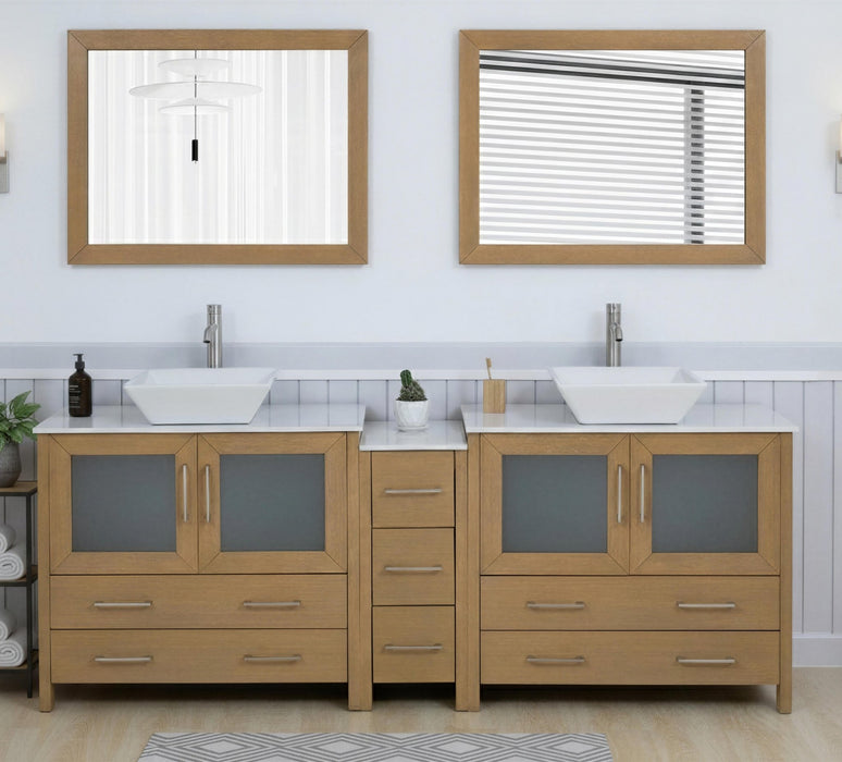 Ravenna 84" Double Sink Bathroom Vanity Combo Set, 7-Drawers, 2 Shelve, 3 Cabinet White Engineered Marble Top and Ceramic Vessel Sink Bathroom Cabinet with Free Mirrors - HomeBeyond