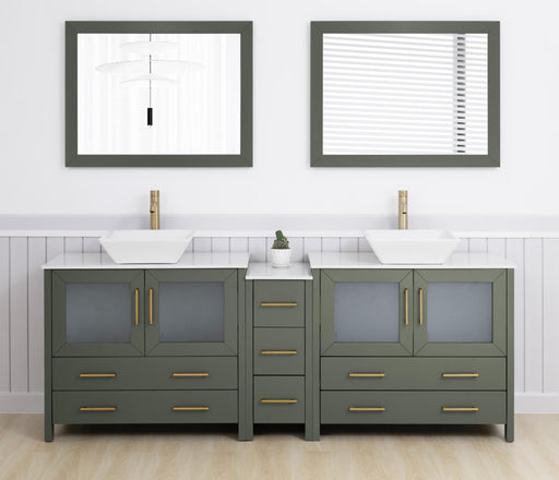 Ravenna 84" Double Sink Bathroom Vanity Combo Set, 7 - Drawers, 2 Shelve, 3 Cabinet White Engineered Marble Top and Ceramic Vessel Sink Bathroom Cabinet with Free Mirrors - HomeBeyond