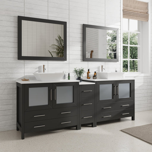 Ravenna 84" Double Sink Bathroom Vanity Combo Set, 7-Drawers, 2 Shelve, 3 Cabinet White Engineered Marble Top and Ceramic Vessel Sink Bathroom Cabinet with Free Mirrors - HomeBeyond