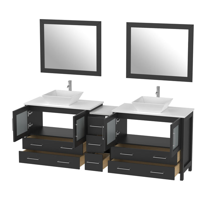 Ravenna 84" Double Sink Bathroom Vanity Combo Set, 7-Drawers, 2 Shelve, 3 Cabinet White Engineered Marble Top and Ceramic Vessel Sink Bathroom Cabinet with Free Mirrors - HomeBeyond