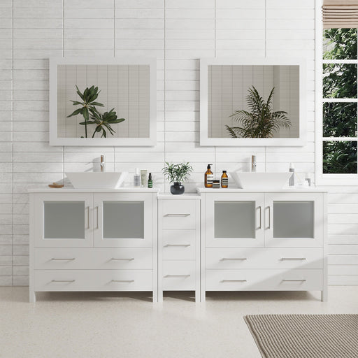 Ravenna 84" Double Sink Bathroom Vanity Combo Set, 7-Drawers, 2 Shelve, 3 Cabinet White Engineered Marble Top and Ceramic Vessel Sink Bathroom Cabinet with Free Mirrors - HomeBeyond