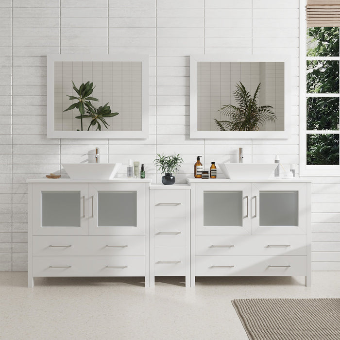 Ravenna 84" Double Sink Bathroom Vanity Combo Set, 7-Drawers, 2 Shelve, 3 Cabinet White Engineered Marble Top and Ceramic Vessel Sink Bathroom Cabinet with Free Mirrors - HomeBeyond
