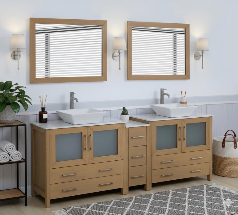 Ravenna 84" Double Sink Bathroom Vanity Combo Set, 7-Drawers, 2 Shelve, 3 Cabinet White Engineered Marble Top and Ceramic Vessel Sink Bathroom Cabinet with Free Mirrors - HomeBeyond