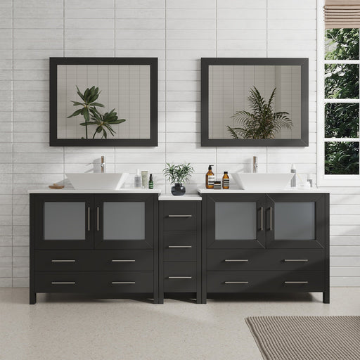 Ravenna 84" Double Sink Bathroom Vanity Combo Set, 7-Drawers, 2 Shelve, 3 Cabinet White Engineered Marble Top and Ceramic Vessel Sink Bathroom Cabinet with Free Mirrors - HomeBeyond