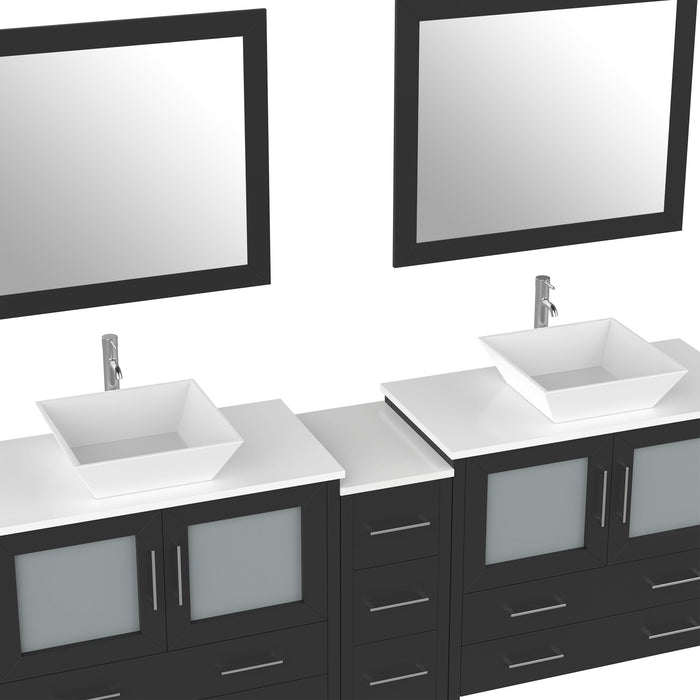 Ravenna 84" Double Sink Bathroom Vanity Combo Set, 7-Drawers, 2 Shelve, 3 Cabinet White Engineered Marble Top and Ceramic Vessel Sink Bathroom Cabinet with Free Mirrors - HomeBeyond