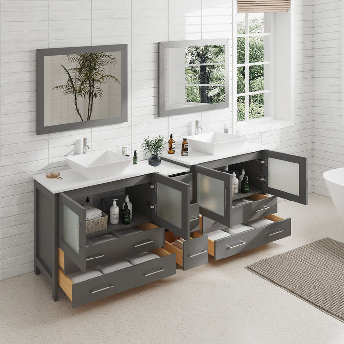 Ravenna 84" Double Sink Bathroom Vanity Combo Set, 7-Drawers, 2 Shelve, 3 Cabinet White Engineered Marble Top and Ceramic Vessel Sink Bathroom Cabinet with Free Mirrors - HomeBeyond