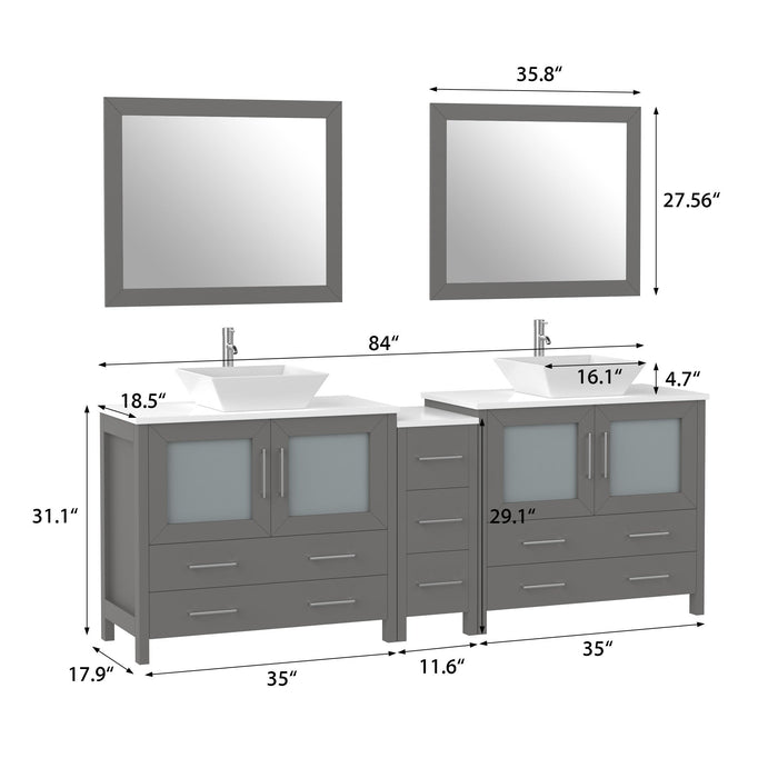 Ravenna 84" Double Sink Bathroom Vanity Combo Set, 7-Drawers, 2 Shelve, 3 Cabinet White Engineered Marble Top and Ceramic Vessel Sink Bathroom Cabinet with Free Mirrors - HomeBeyond