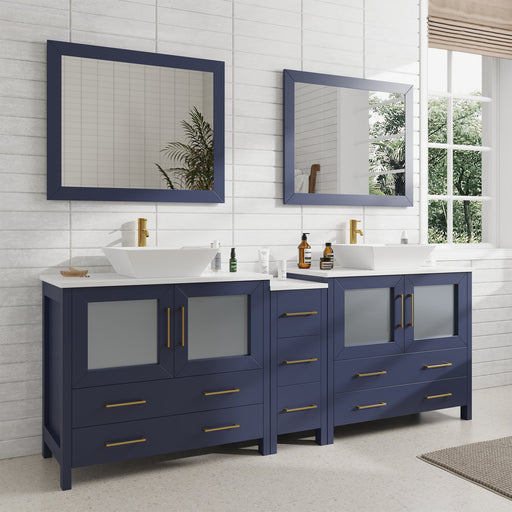 Ravenna 84" Double Sink Bathroom Vanity Combo Set, 7-Drawers, 2 Shelve, 3 Cabinet White Engineered Marble Top and Ceramic Vessel Sink Bathroom Cabinet with Free Mirrors - HomeBeyond