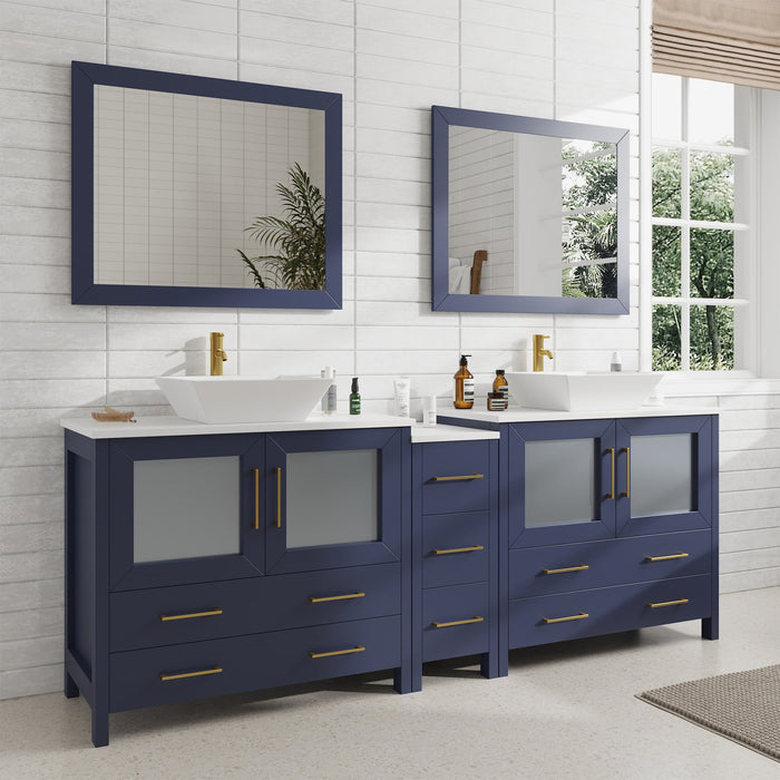 Ravenna 84" Double Sink Bathroom Vanity Combo Set, 7-Drawers, 2 Shelve, 3 Cabinet White Engineered Marble Top and Ceramic Vessel Sink Bathroom Cabinet with Free Mirrors - HomeBeyond