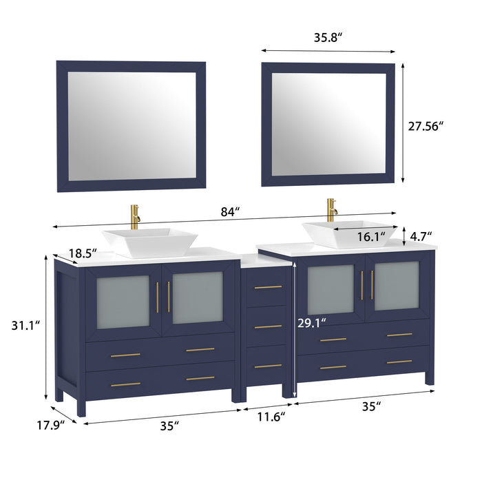 Ravenna 84" Double Sink Bathroom Vanity Combo Set, 7-Drawers, 2 Shelve, 3 Cabinet White Engineered Marble Top and Ceramic Vessel Sink Bathroom Cabinet with Free Mirrors - HomeBeyond