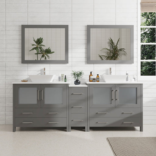 Ravenna 84" Double Sink Bathroom Vanity Combo Set, 7-Drawers, 2 Shelve, 3 Cabinet White Engineered Marble Top and Ceramic Vessel Sink Bathroom Cabinet with Free Mirrors - HomeBeyond