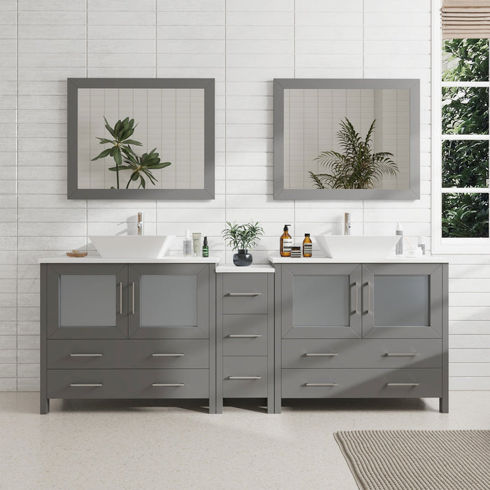 Ravenna 84" Double Sink Bathroom Vanity Combo Set, 7-Drawers, 2 Shelve, 3 Cabinet White Engineered Marble Top and Ceramic Vessel Sink Bathroom Cabinet with Free Mirrors - HomeBeyond