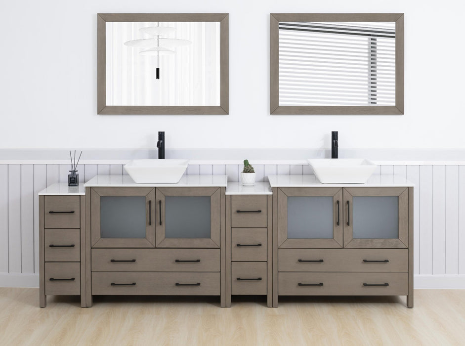 Ravenna 96" Double Sink Bathroom Vanity Combo Set, 10 Drawers 2 Shelves 4 Cabinets White Engineered Marble Top and Ceramic Vessel Sink Bathroom Cabinet with Free Mirrors - HomeBeyond