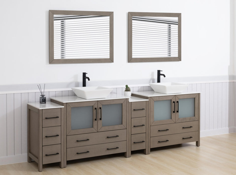Ravenna 96" Double Sink Bathroom Vanity Combo Set, 10 Drawers 2 Shelves 4 Cabinets White Engineered Marble Top and Ceramic Vessel Sink Bathroom Cabinet with Free Mirrors - HomeBeyond