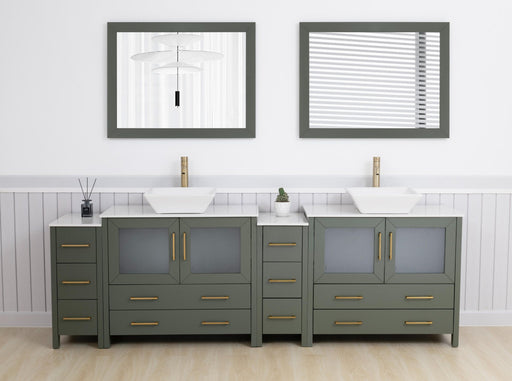 Ravenna 96" Double Sink Bathroom Vanity Combo Set, 10 Drawers 2 Shelves 4 Cabinets White Engineered Marble Top and Ceramic Vessel Sink Bathroom Cabinet with Free Mirrors - HomeBeyond