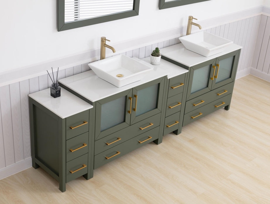 Ravenna 96" Double Sink Bathroom Vanity Combo Set, 10 Drawers 2 Shelves 4 Cabinets White Engineered Marble Top and Ceramic Vessel Sink Bathroom Cabinet with Free Mirrors - HomeBeyond