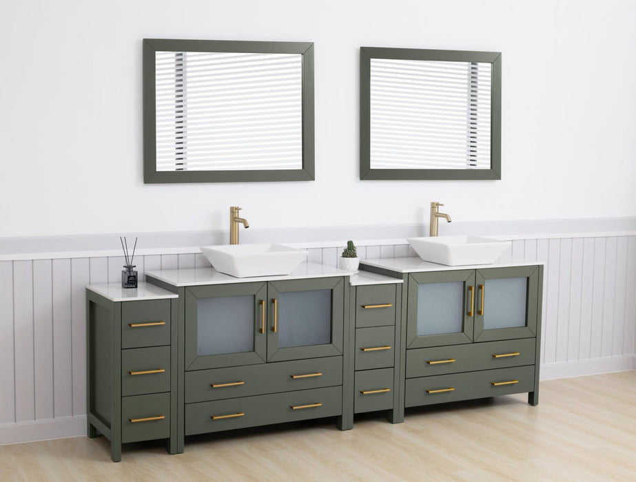 Ravenna 96" Double Sink Bathroom Vanity Combo Set, 10 Drawers 2 Shelves 4 Cabinets White Engineered Marble Top and Ceramic Vessel Sink Bathroom Cabinet with Free Mirrors - HomeBeyond