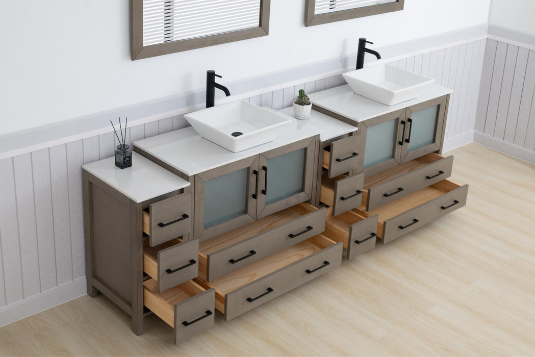 Ravenna 96" Double Sink Bathroom Vanity Combo Set, 10 Drawers 2 Shelves 4 Cabinets White Engineered Marble Top and Ceramic Vessel Sink Bathroom Cabinet with Free Mirrors - HomeBeyond