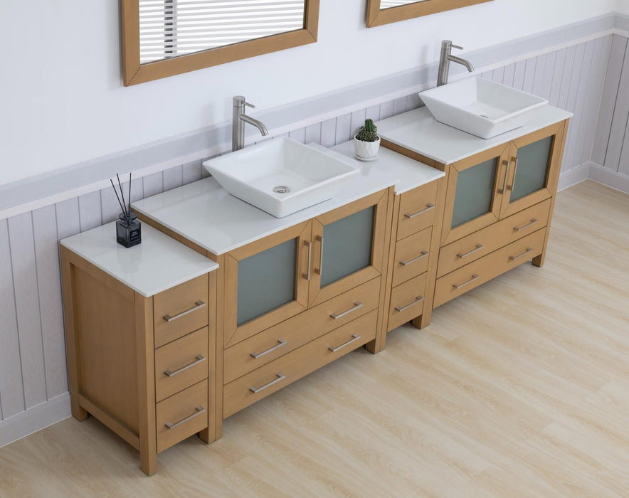 Ravenna 96" Double Sink Bathroom Vanity Combo Set, 10 Drawers 2 Shelves 4 Cabinets White Engineered Marble Top and Ceramic Vessel Sink Bathroom Cabinet with Free Mirrors - HomeBeyond