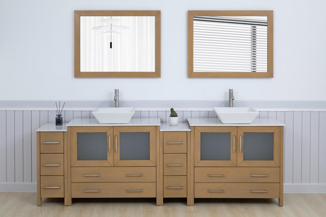 Ravenna 96" Double Sink Bathroom Vanity Combo Set, 10 Drawers 2 Shelves 4 Cabinets White Engineered Marble Top and Ceramic Vessel Sink Bathroom Cabinet with Free Mirrors - HomeBeyond