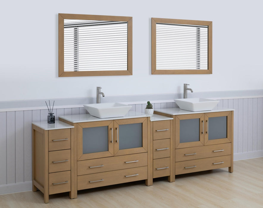 Ravenna 96" Double Sink Bathroom Vanity Combo Set, 10 Drawers 2 Shelves 4 Cabinets White Engineered Marble Top and Ceramic Vessel Sink Bathroom Cabinet with Free Mirrors - HomeBeyond