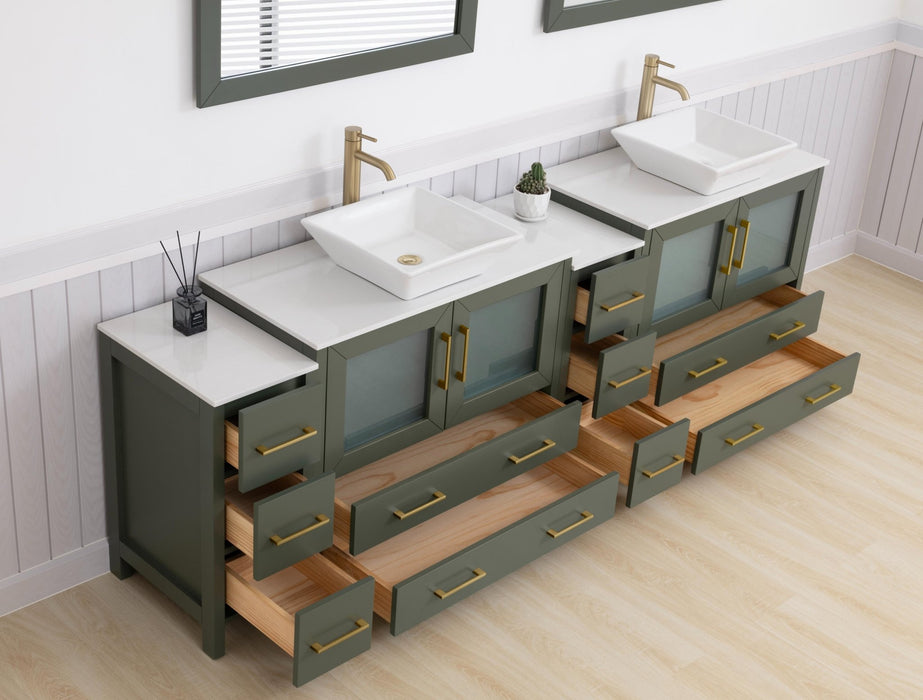 Ravenna 96" Double Sink Bathroom Vanity Combo Set, 10 Drawers 2 Shelves 4 Cabinets White Engineered Marble Top and Ceramic Vessel Sink Bathroom Cabinet with Free Mirrors - HomeBeyond