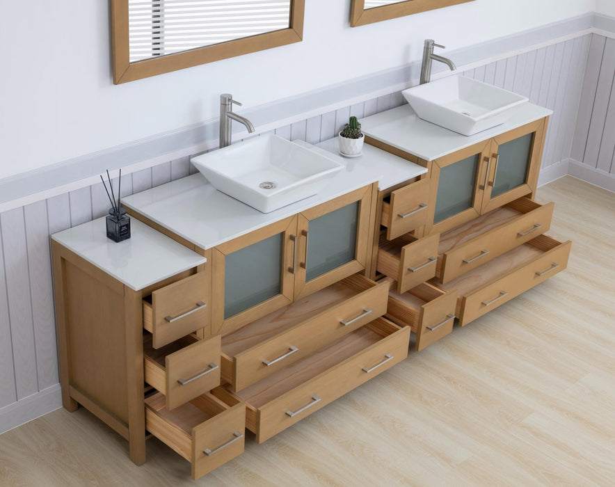 Ravenna 96" Double Sink Bathroom Vanity Combo Set, 10 Drawers 2 Shelves 4 Cabinets White Engineered Marble Top and Ceramic Vessel Sink Bathroom Cabinet with Free Mirrors - HomeBeyond