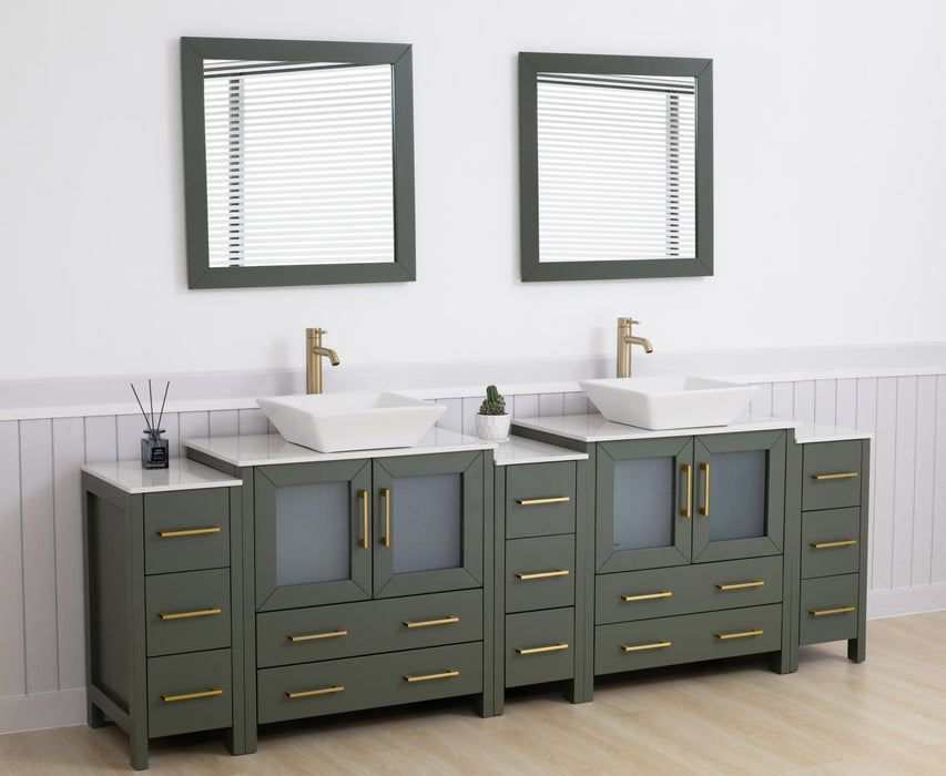 Ravenna 96" Double Sink Bathroom Vanity Combo Set, 13 Drawers 2 Shelves 5 Cabinets Engineered Marble Top and Ceramic Sink Bathroom Cabinet with Mirrors - HomeBeyond