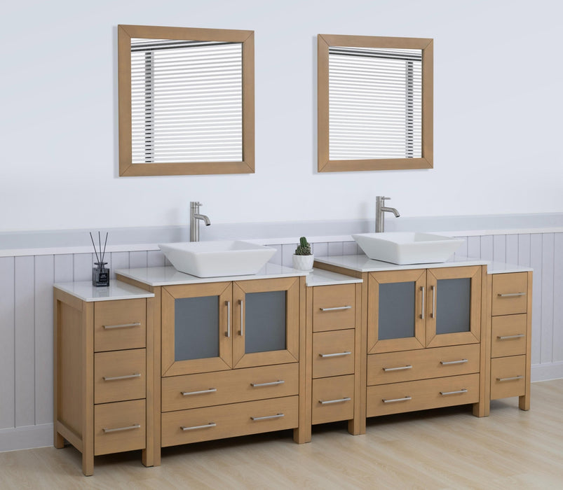 Ravenna 96" Double Sink Bathroom Vanity Combo Set, 13 Drawers 2 Shelves 5 Cabinets Engineered Marble Top and Ceramic Sink Bathroom Cabinet with Mirrors - HomeBeyond