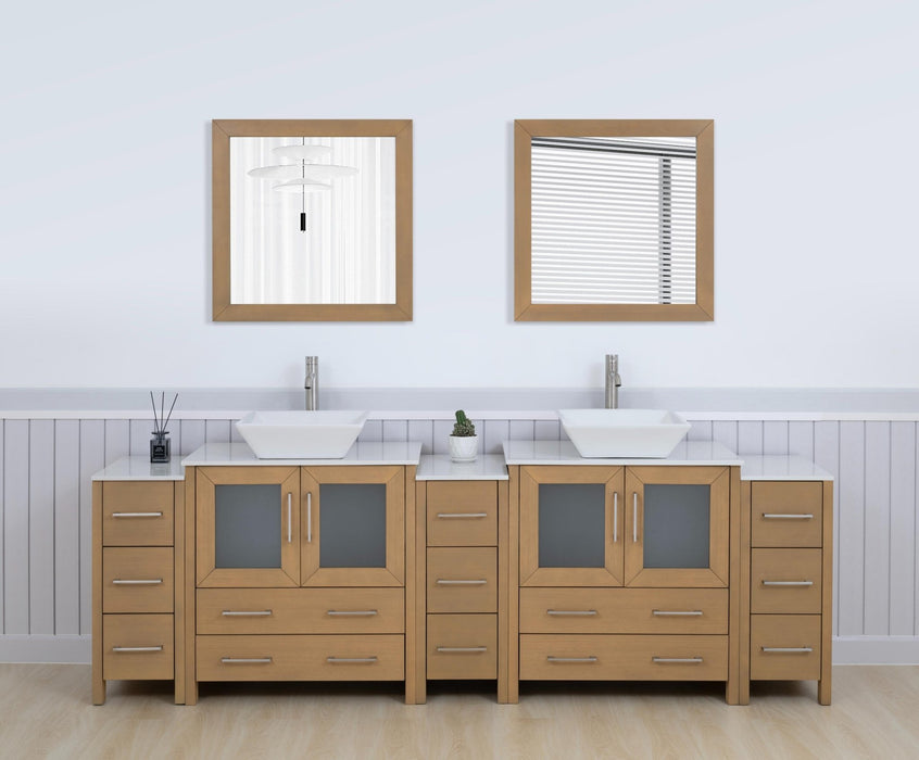 Ravenna 96" Double Sink Bathroom Vanity Combo Set, 13 Drawers 2 Shelves 5 Cabinets Engineered Marble Top and Ceramic Sink Bathroom Cabinet with Mirrors - HomeBeyond
