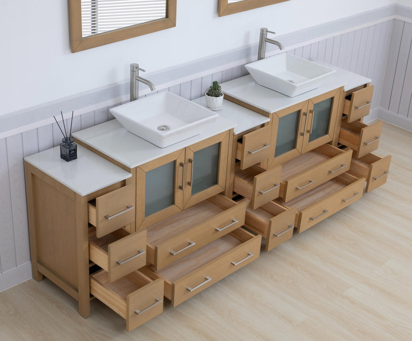 Ravenna 96" Double Sink Bathroom Vanity Combo Set, 13 Drawers 2 Shelves 5 Cabinets Engineered Marble Top and Ceramic Sink Bathroom Cabinet with Mirrors - HomeBeyond