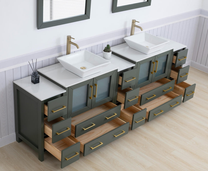 Ravenna 96" Double Sink Bathroom Vanity Combo Set, 13 Drawers 2 Shelves 5 Cabinets Engineered Marble Top and Ceramic Sink Bathroom Cabinet with Mirrors - HomeBeyond