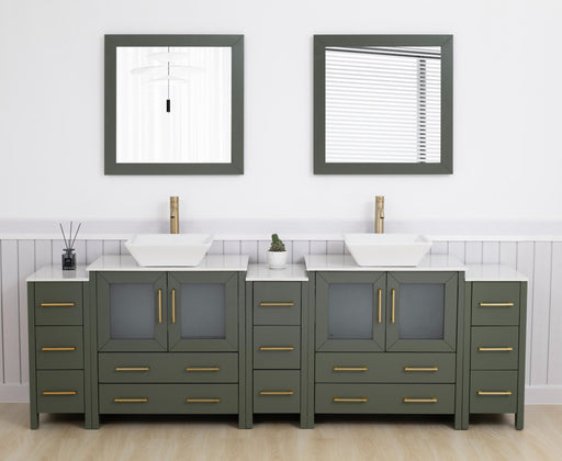 Ravenna 96" Double Sink Bathroom Vanity Combo Set, 13 Drawers 2 Shelves 5 Cabinets Engineered Marble Top and Ceramic Sink Bathroom Cabinet with Mirrors - HomeBeyond
