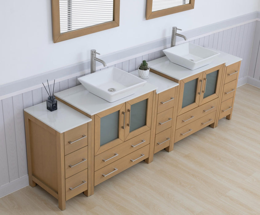 Ravenna 96" Double Sink Bathroom Vanity Combo Set, 13 Drawers 2 Shelves 5 Cabinets Engineered Marble Top and Ceramic Sink Bathroom Cabinet with Mirrors - HomeBeyond