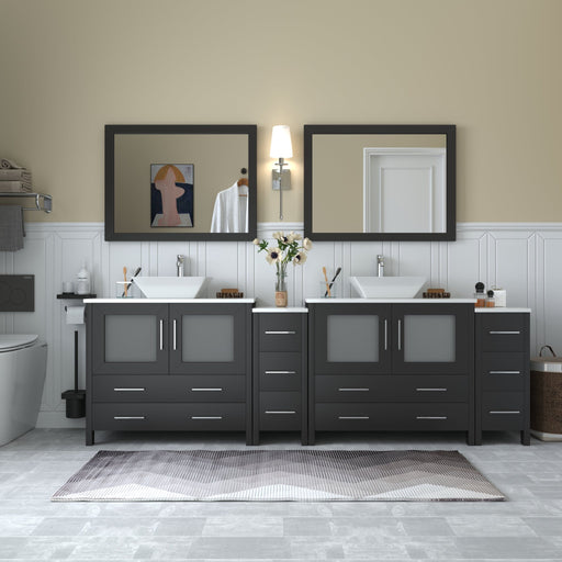 Ravenna 96-inch double sink bathroom vanity in espresso black with brushed nickel hardware and two framed mirrors