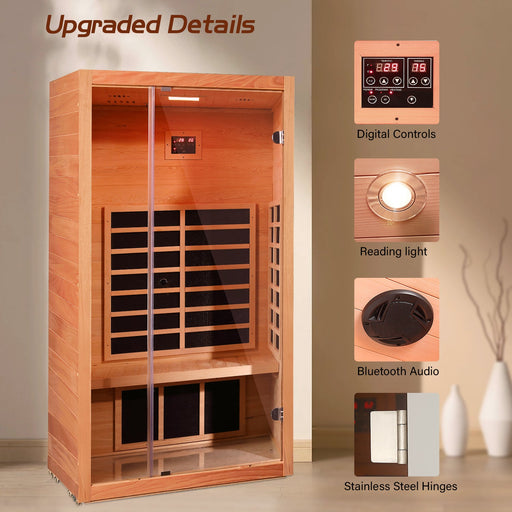 HomeBeyond natural hemlock infrared sauna upgraded details showing digital controls, reading light, Bluetooth audio, hinges