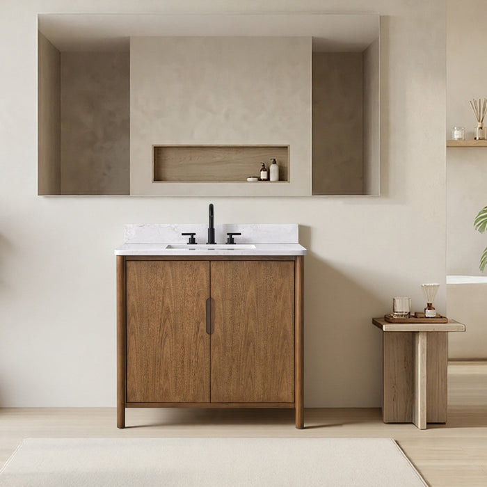 Vanity Art 36" Freestanding Bathroom Vanity with Integrated Finger Pull Doors and Engineered Stone Top - HomeBeyond