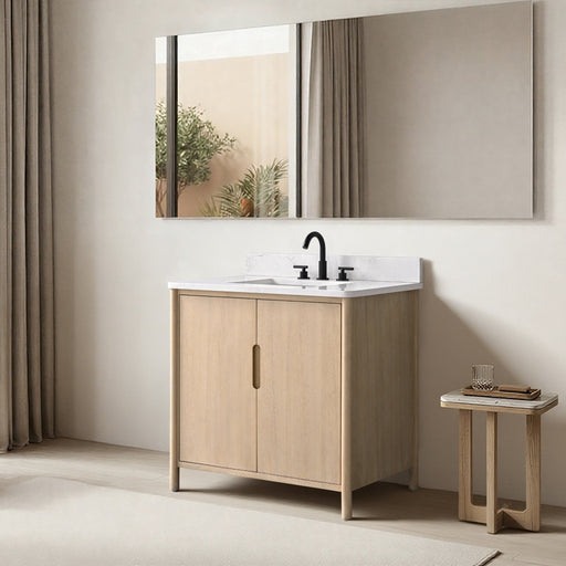 36-inch light oak freestanding bathroom vanity with two doors, white quartz top, matte black faucet, bright modern bathroom