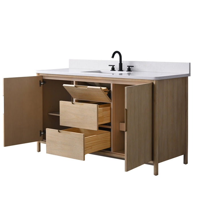 Vanity Art 60" Freestanding Bathroom Vanity with Integrated Finger Pull Doors and Engineered Stone Top - HomeBeyond