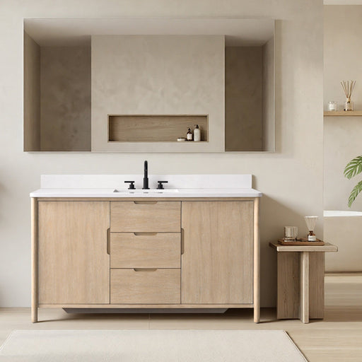 Vanity Art 60" Freestanding Bathroom Vanity with Integrated Finger Pull Doors and Engineered Stone Top - HomeBeyond