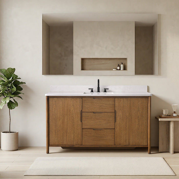 Vanity Art 60" Freestanding Bathroom Vanity with Integrated Finger Pull Doors and Engineered Stone Top - HomeBeyond