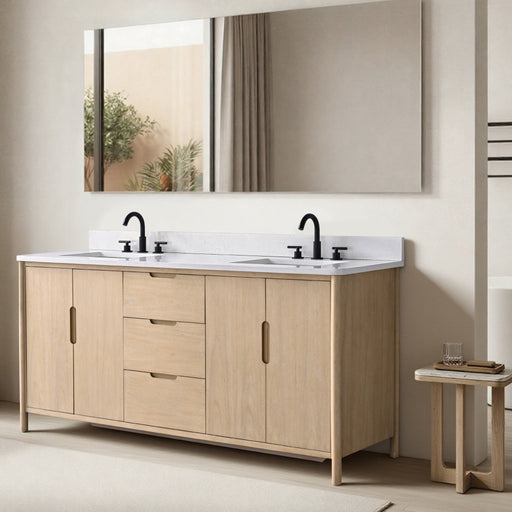 72-inch light oak double sink freestanding bathroom vanity with white countertop and black faucets in modern bathroom