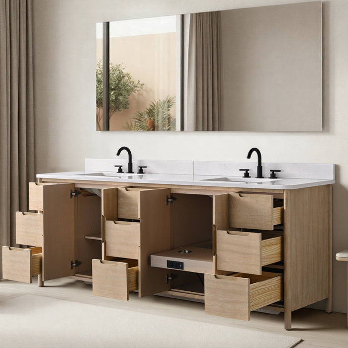 Vanity Art 84" Freestanding Bathroom Vanity with Integrated Finger Pull Doors and Engineered Stone Top - HomeBeyond