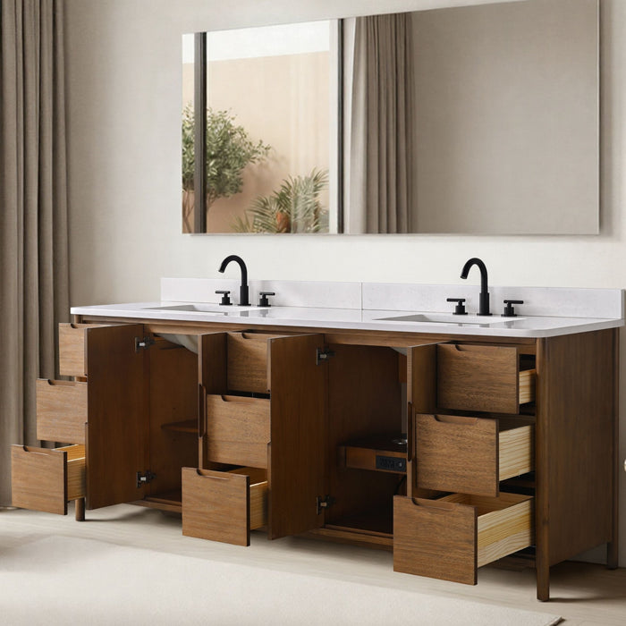 Vanity Art 84" Freestanding Bathroom Vanity with Integrated Finger Pull Doors and Engineered Stone Top - HomeBeyond