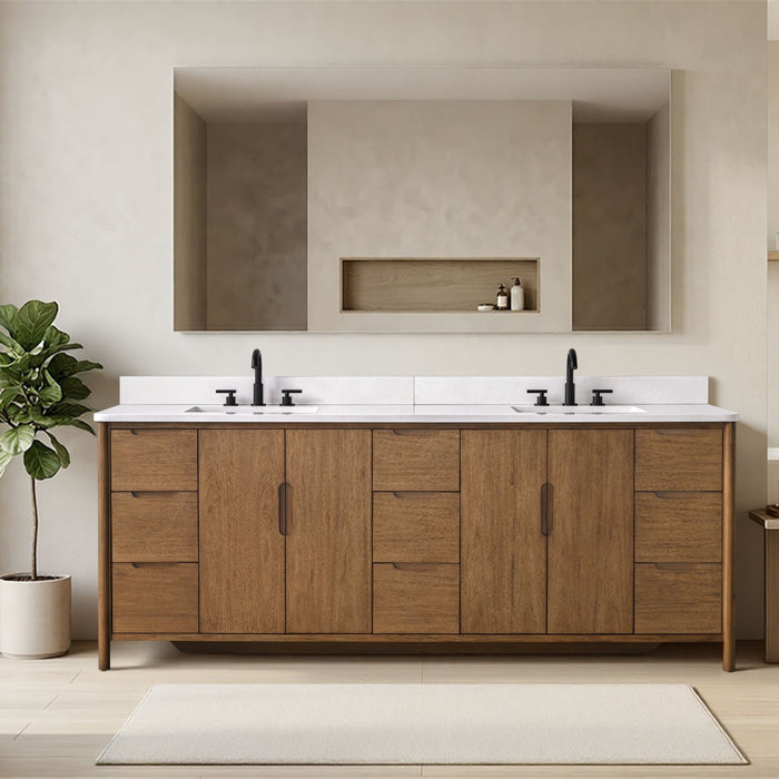 Vanity Art 84" Freestanding Bathroom Vanity with Integrated Finger Pull Doors and Engineered Stone Top - HomeBeyond
